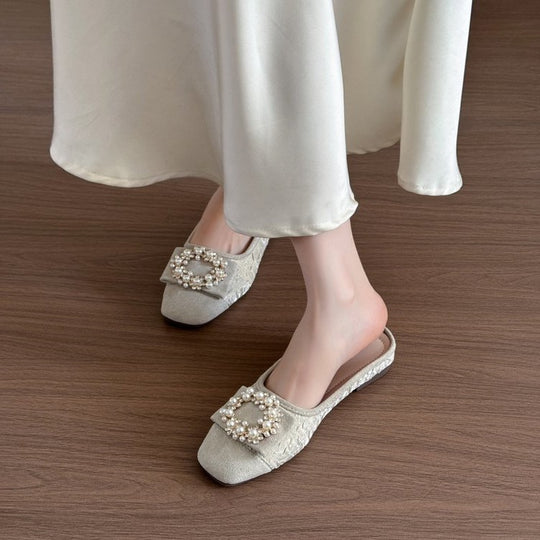 Damen elegante Mules mit funkelnder Perlenverzierung EB
