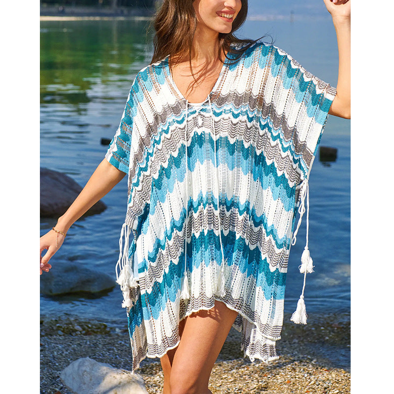 Damen lässiger Strandkimono im Wellenmuster mit offenen Ärmeln und seitlichen Schlitzen EB
