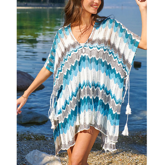 Damen lässiger Strandkimono im Wellenmuster mit offenen Ärmeln und seitlichen Schlitzen EB