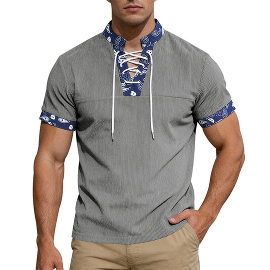 Herren nan Kurzarm-Schnürshirt mit Bandana-Besatz und strukturierter Jerseyqualität EB