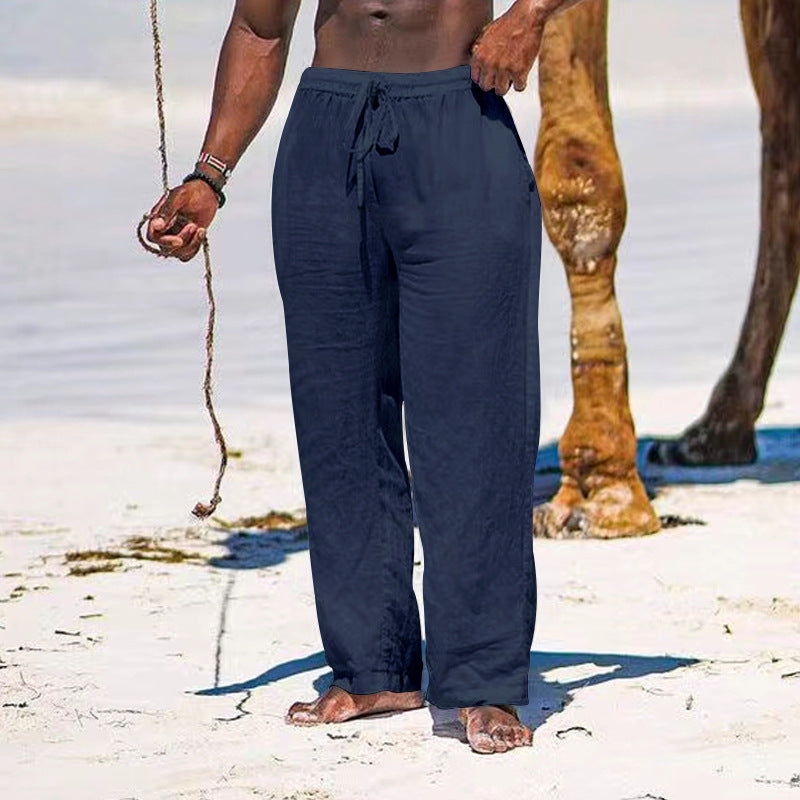 Herren lässige Strandhose aus leichtem Leinenstoff mit elastischem Bund und Kordelzug EB
