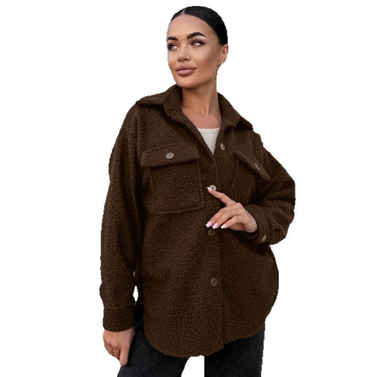 Damen Flauschige Utility-Jacke mit großen Taschen und Knopfdetails EB