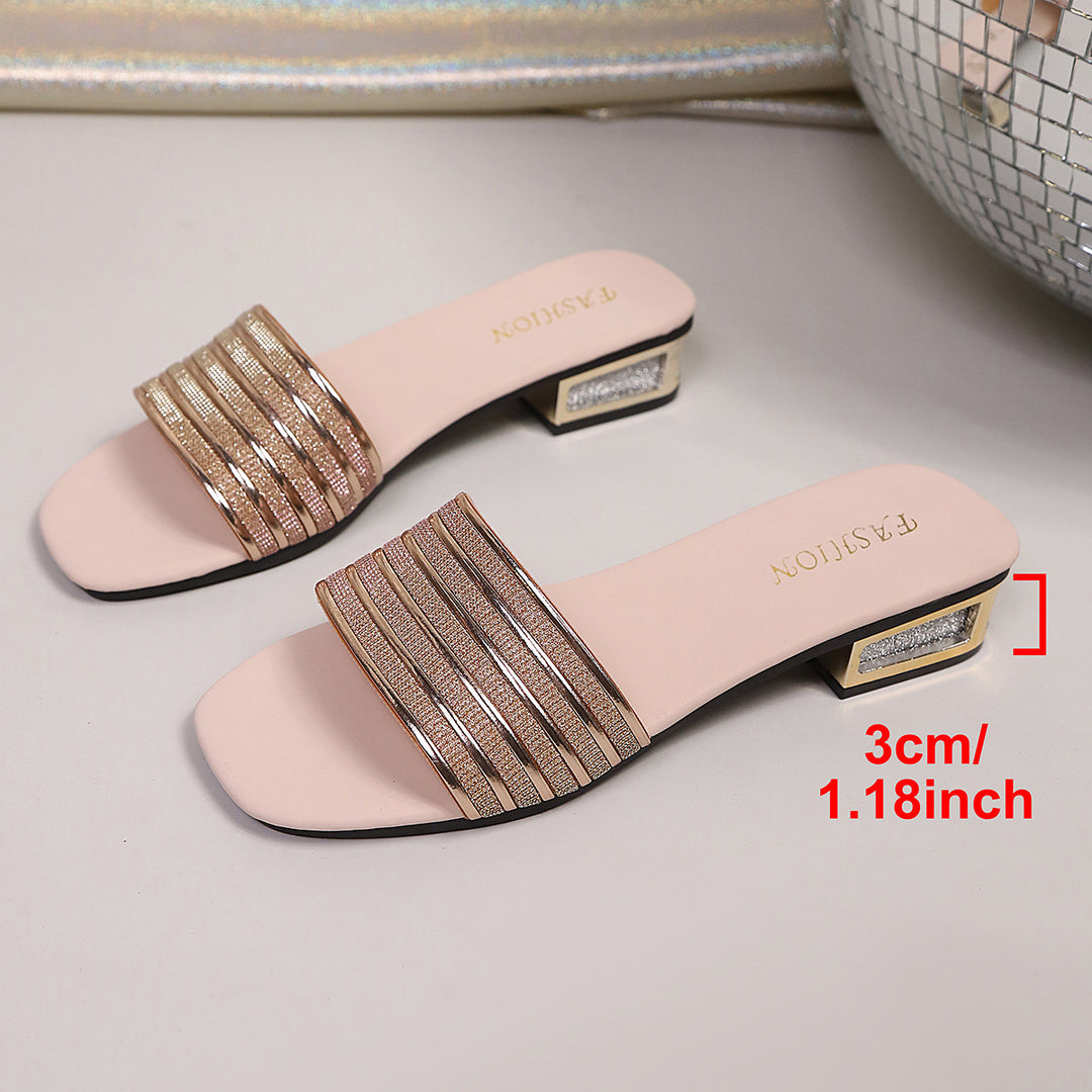 Damen elegante Pantoletten mit glitzerndem Riemen-Design und blockiertem Absatz EB