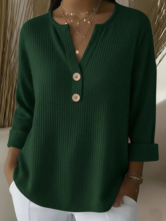 Damen nan Waffelstruktur Henley-Shirt mit V-Ausschnitt kurze Knopfleiste und krempelbaren 3/4-Ärmeln EB