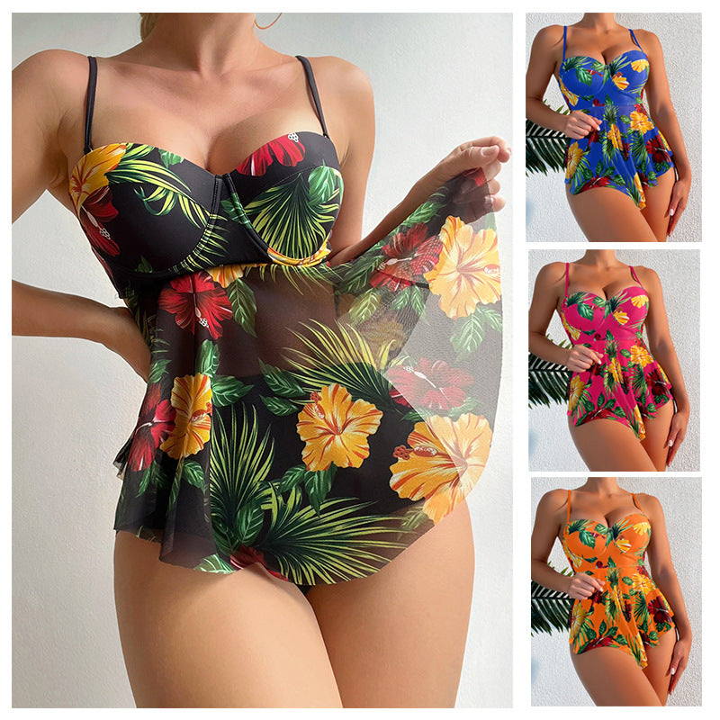 Damen Badeanzug mit Volants und floralem Print EB