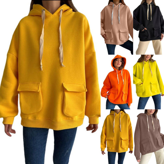 Damen nan Oversize-Kapuzenpullover mit aufgesetzten Klappentaschen und extra-langen Kordeln EB