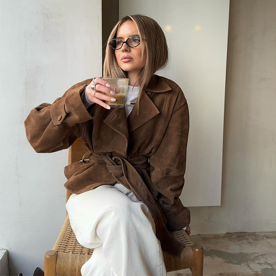 Damen Modische Wildleder-Trenchjacke mit schickem Gürtel EB