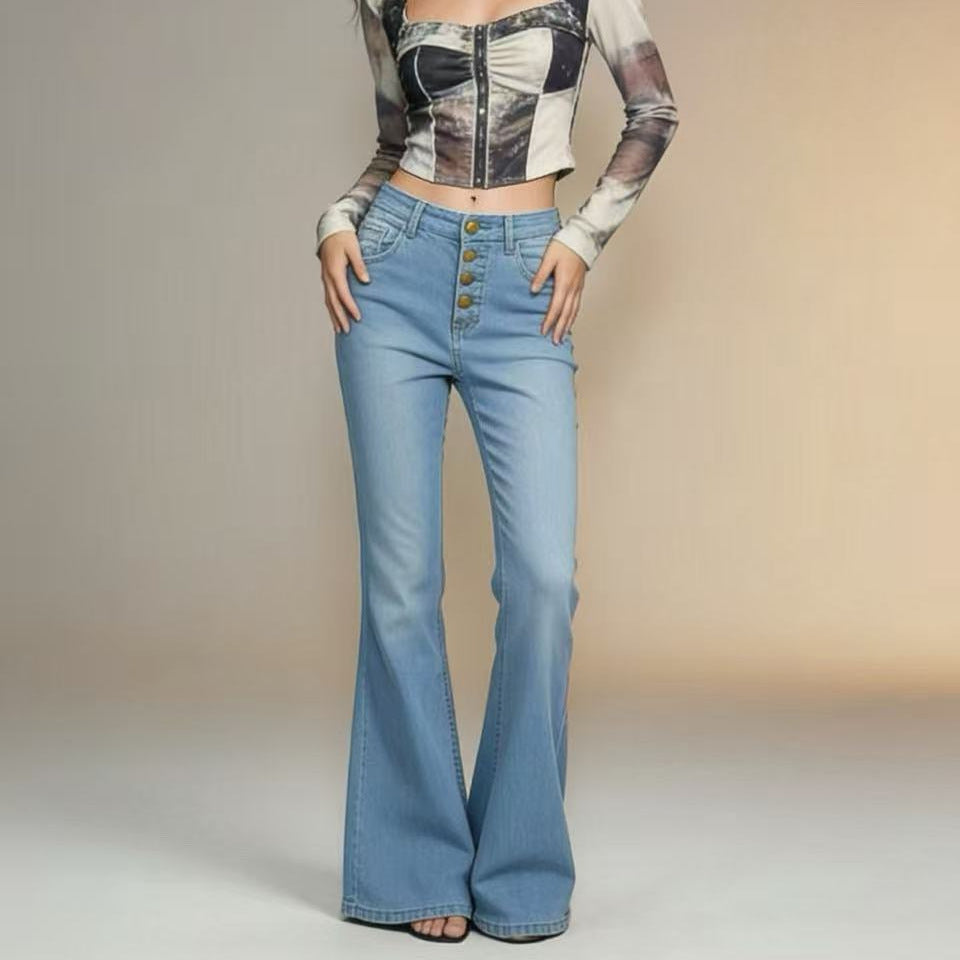 Damen Schlagjeans mit bunten Knopfdetails und hohem Bund EB