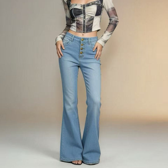 Damen Schlagjeans mit bunten Knopfdetails und hohem Bund EB