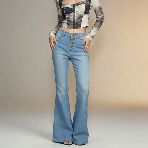 Damen Schlagjeans mit bunten Knopfdetails und hohem Bund EB