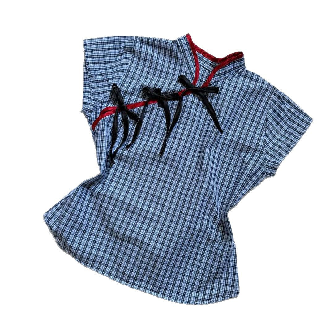 Damen Urbanes Karo-Top mit raffinierten Rüschendetails EB
