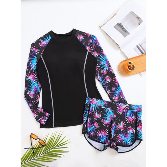 Damen Rashguard mit sportlichen Shorts und trendigem Blumenmuster EB