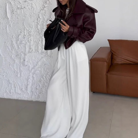 Damen Kunstlederjacke im modischen Biker-Stil mit breitem Revers EB