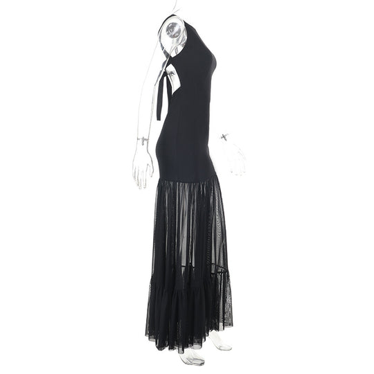 Damen Elegantes Maxikleid mit transparenten Einsätzen und Rüschendetails EB