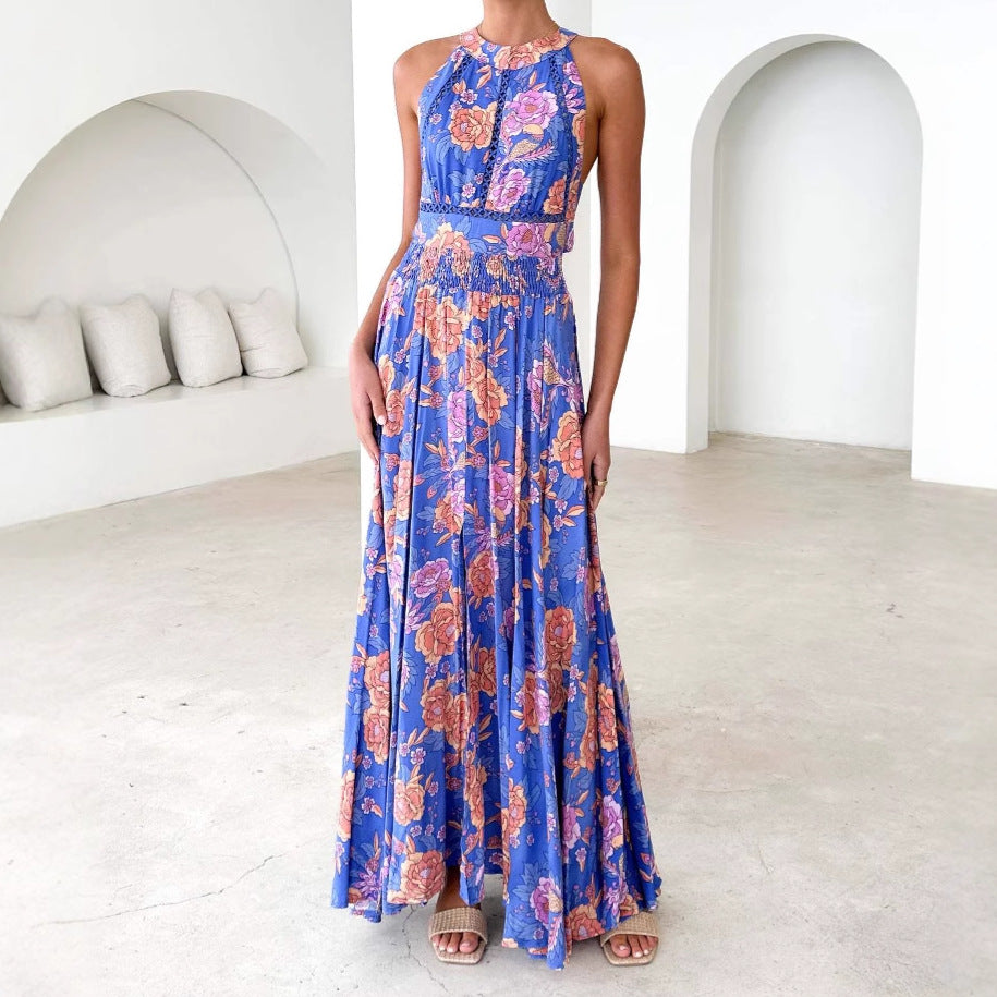 Damen Maxikleid mit elegantem Halterneck und buntem floralen Design EB