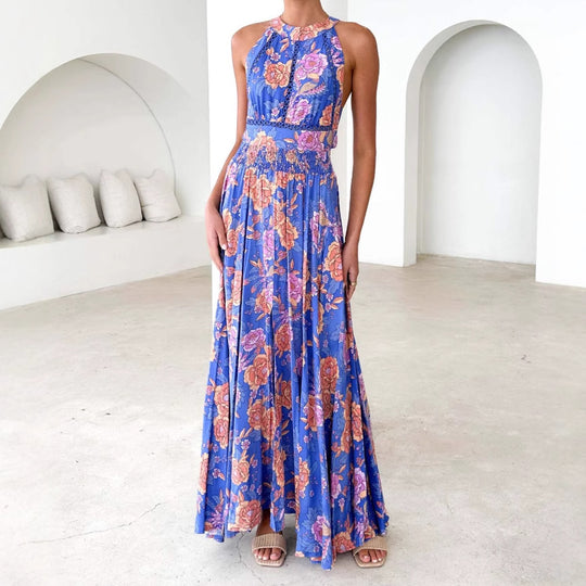 Damen Maxikleid mit elegantem Halterneck und buntem floralen Design EB
