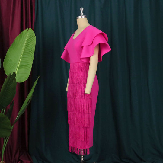 Damen Fransen Maxikleid mit voluminösen Rüschensäumen EB