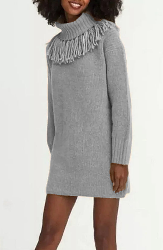 Damen Strickkleid mit hohem Rollkragen und modischen Fransen EB