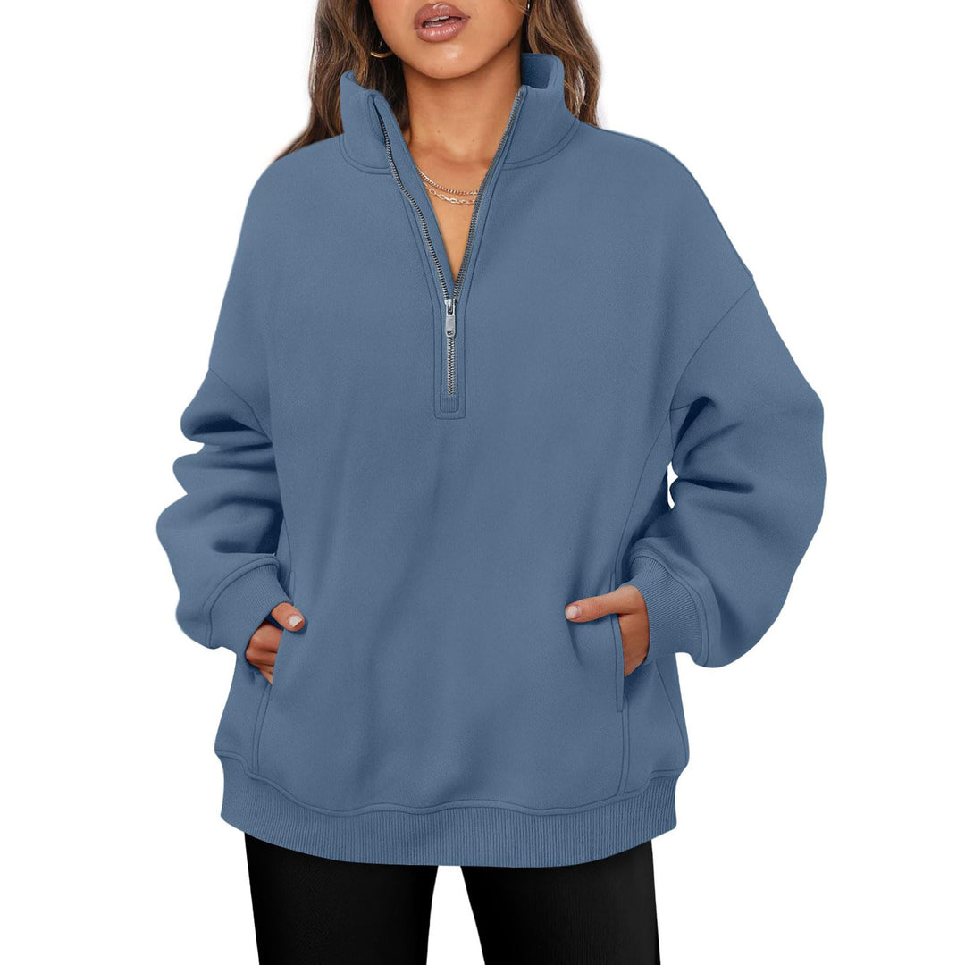 Damen nan oversized Halbzip-Pullover mit Stehkragen, Kängurutasche und Rippbündchen EB