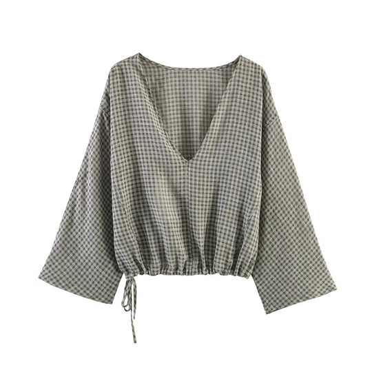 Damen lässige Bluse mit weitem V-Ausschnitt und elastischem Saum EB