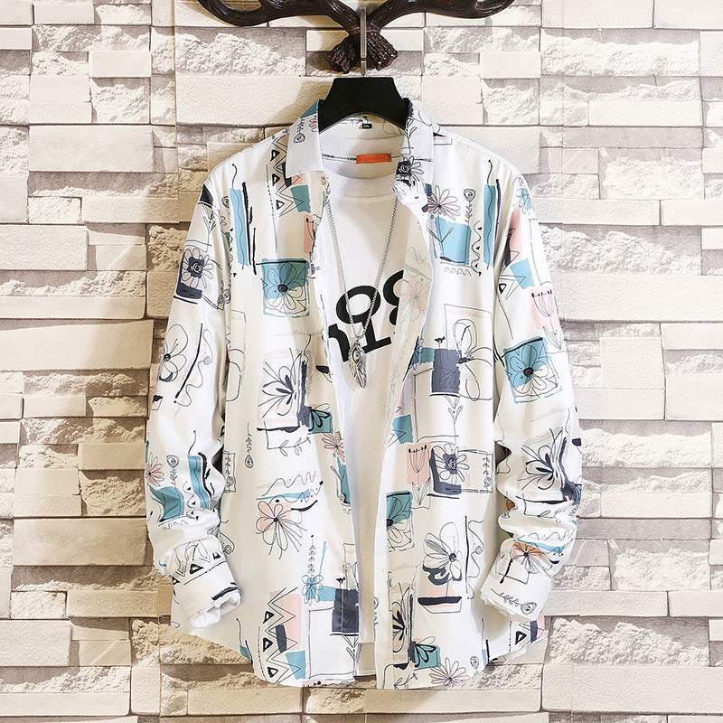 Herren nan langärmliges Hemd mit offenem Reverskragen, kontrastivem Blumenprint und lässiger Regular-Fit Silhouette EB
