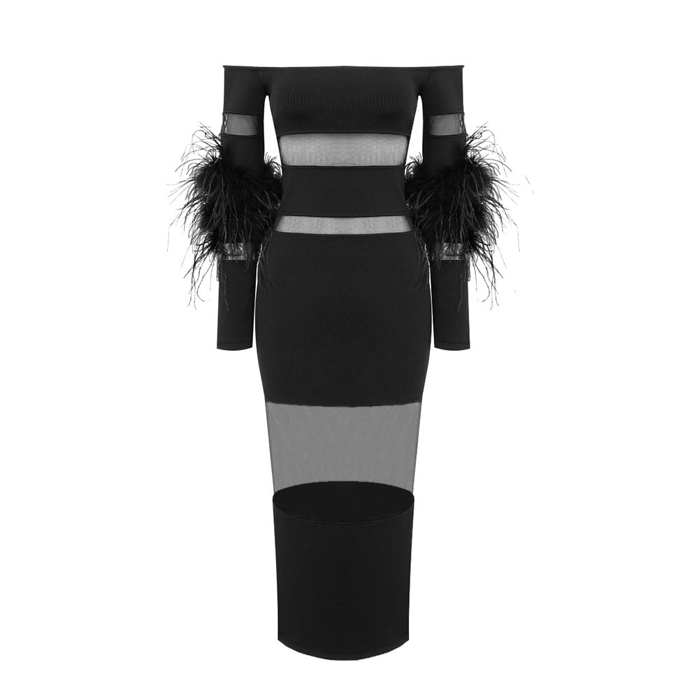 Damen Elegantes Kleid mit transparenten Einsätzen und federverzierten Ärmeln EB