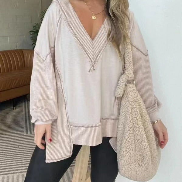 Damen Lässiger Pullover mit halbarm und V-Ausschnitt EB