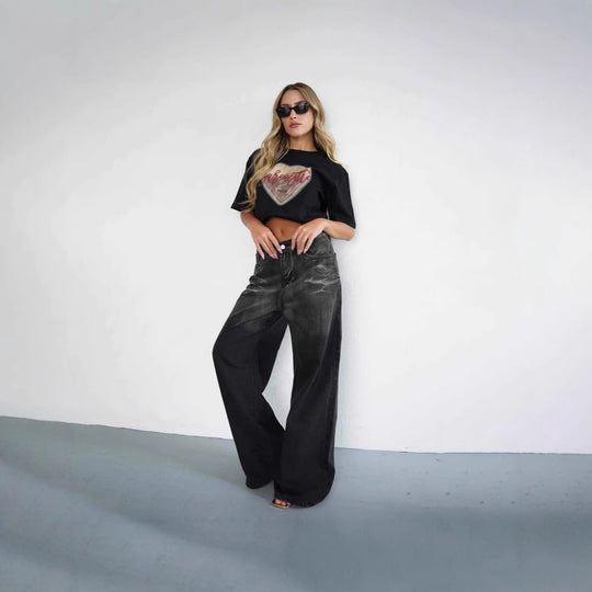 Damen Weit geschnittene Jeans mit modischem High-Waist Design und einzigartiger Waschung EB