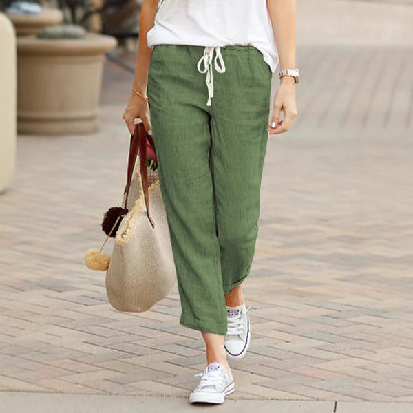 Damen nan leichte Leinenmisch-Hose mit Kordelzug, lockerer Culotte-Schnitt und knöchellangem Saum EB