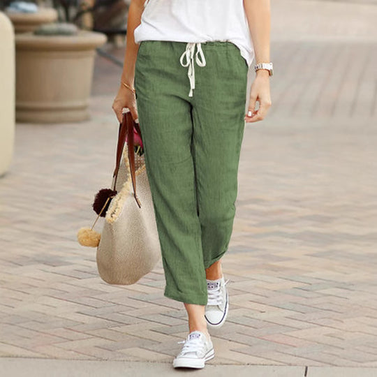 Damen nan leichte Leinenmisch-Hose mit Kordelzug, lockerer Culotte-Schnitt und knöchellangem Saum EB