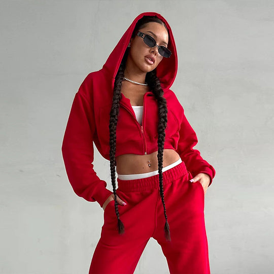 Damen kurzes Zip-Kapuzensweatshirt mit tailliertem Bündchen und weitem High‑Waist French‑Terry Jogginghose Set EB