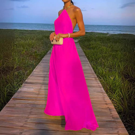 Damen Elegantes Maxikleid mit schmalem Halsband und fließendem Stoff EB