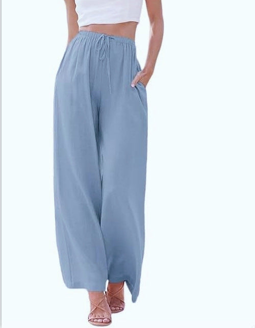 Damen nan weite Leinenhose mit elastischem Bund Kordel und Seitentaschen EB