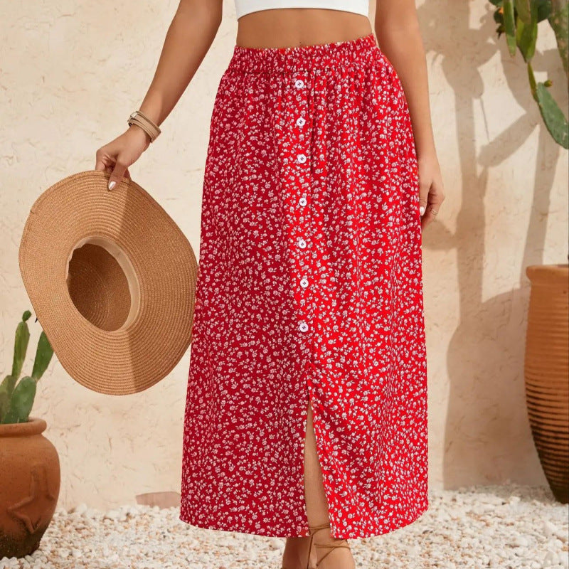Damen Maxirock mit floralem Design und Knopfdetails EB