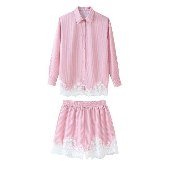 Damen nan zweiteiliges Satin-Pyjama-Set mit Hemdbluse, Gummibund-Shorts und Spitzenbesatz EB