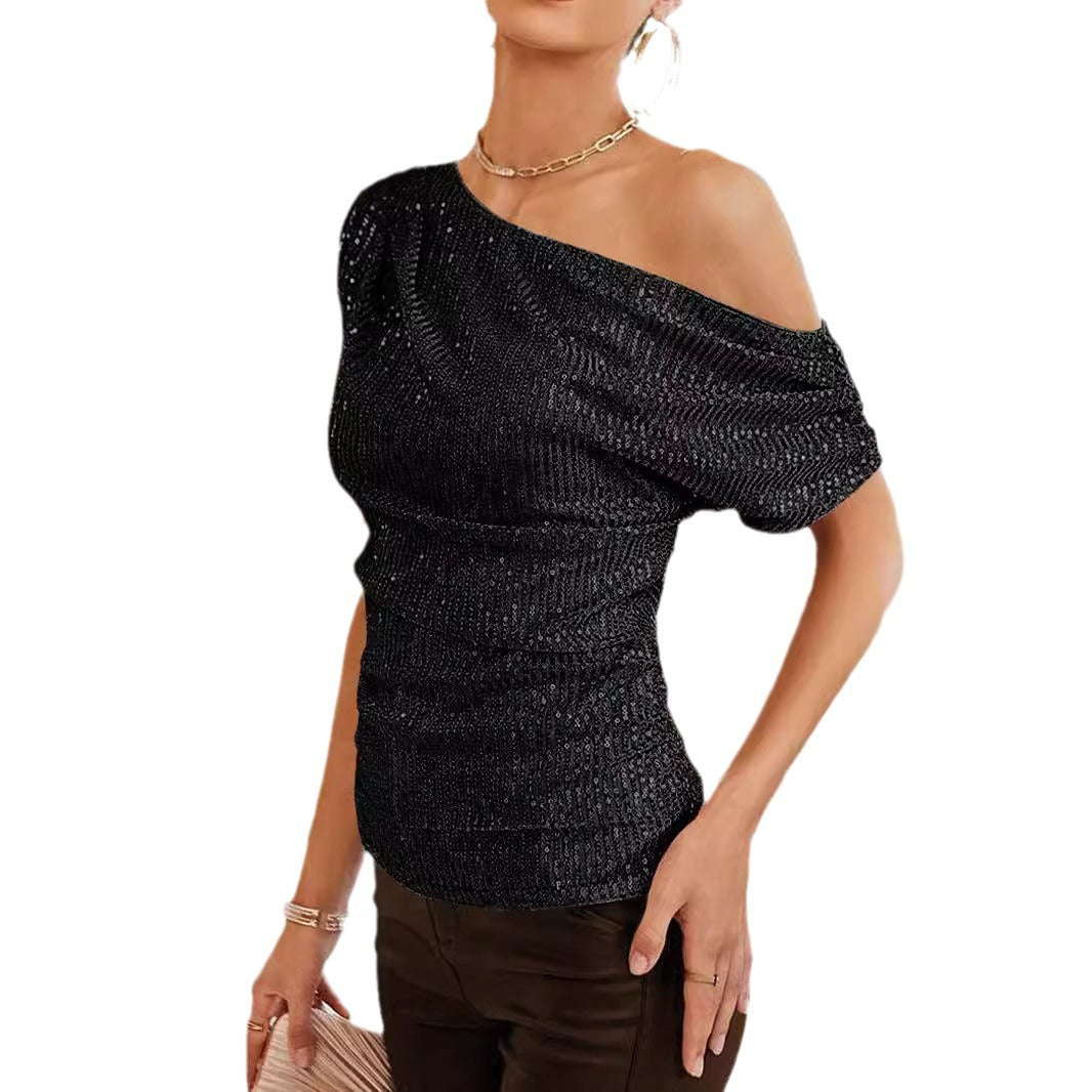 Damen Elegantes One-Shoulder Oberteil mit schimmerndem Knit-Design EB