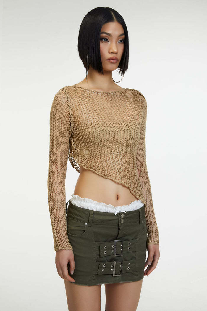 Damen luftiges Strickoberteil mit fransigen Details und asymmetrischem Schnitt EB