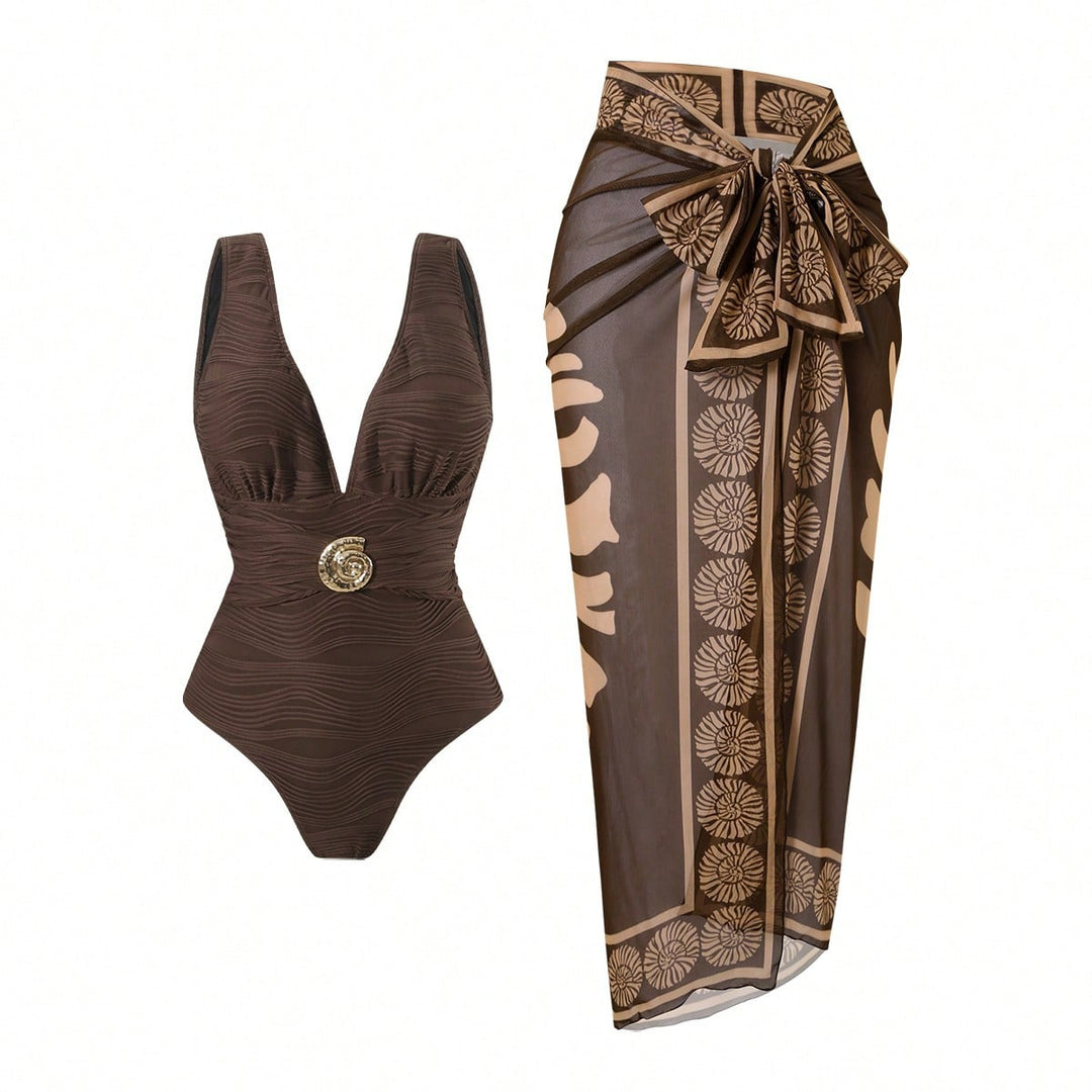 Damen Badeanzug mit femininem Wickelrock und elegantem Schmuckdetail EB