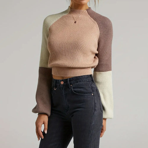Damen Strickpullover mit weitem Arm und innovativem Farbblockdesign EB