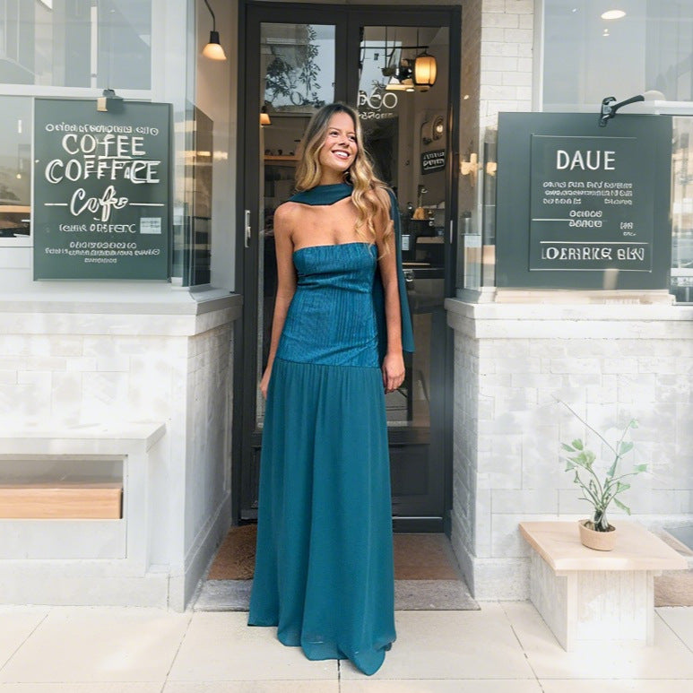 Damen Maxikleid mit undurchsichtiger unterer Schicht und elegantem Faltenwurf EB