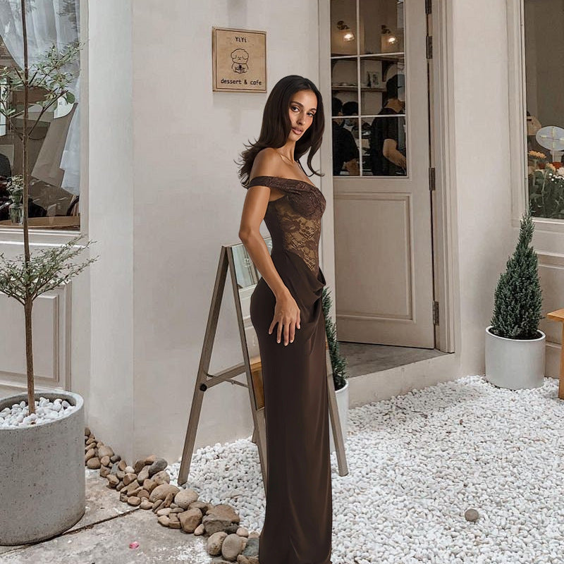 Damen Abendkleid mit schulterfreiem Spitzenoberteil und fließendem Rock EB