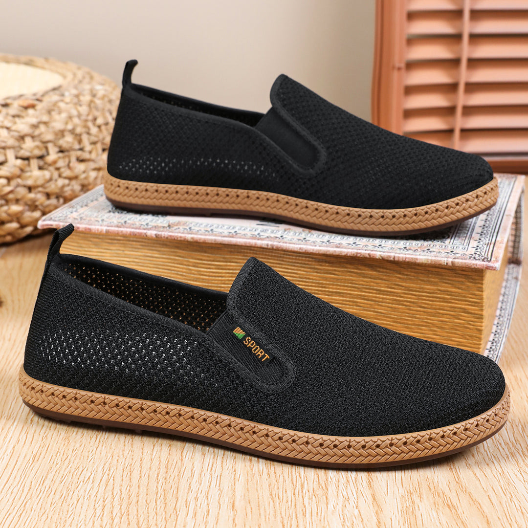 Herren nan atmungsaktiver Strick-Slip-On Loafer mit elastischem Einstieg, geflochtener Dekor-Sohle und gepolstertem Komfortfußbett EB