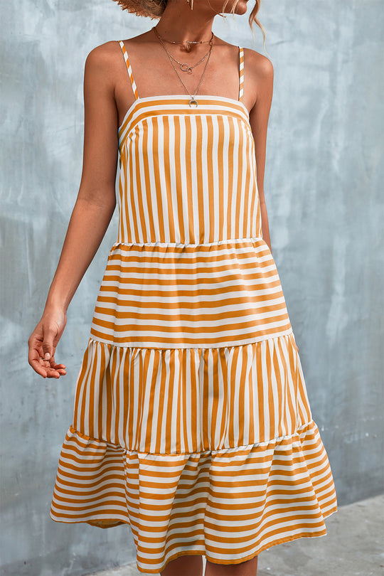 Damen Luftiges Gestreiftes Maxikleid mit Rüschendetails und verstellbaren Trägern EB