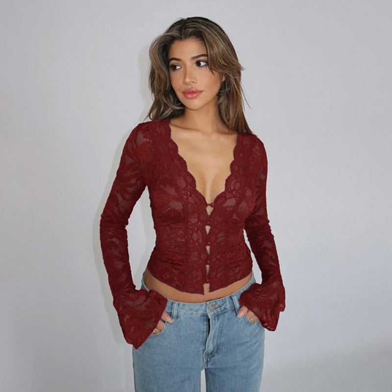 Damen Spitzenbluse mit tiefem V-Ausschnitt und langen Ärmeln EB