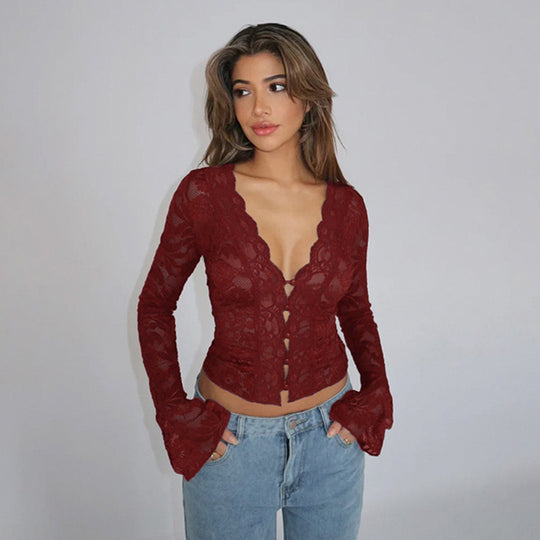 Damen Spitzenbluse mit tiefem V-Ausschnitt und langen Ärmeln EB