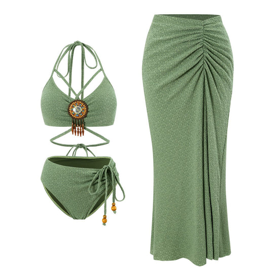 Damen trendy Schwimmanzug mit Raffungen und dekorativem Schmuck EB