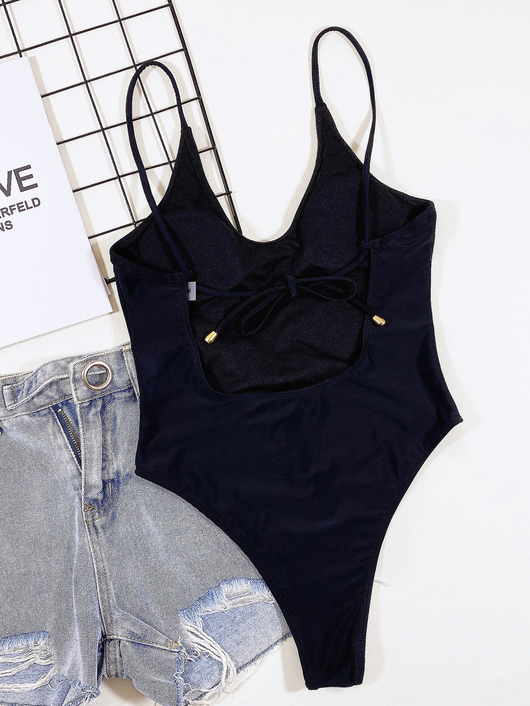 Damen Hochgeschnittener Cut-Out Badeanzug mit Bindebändern EB