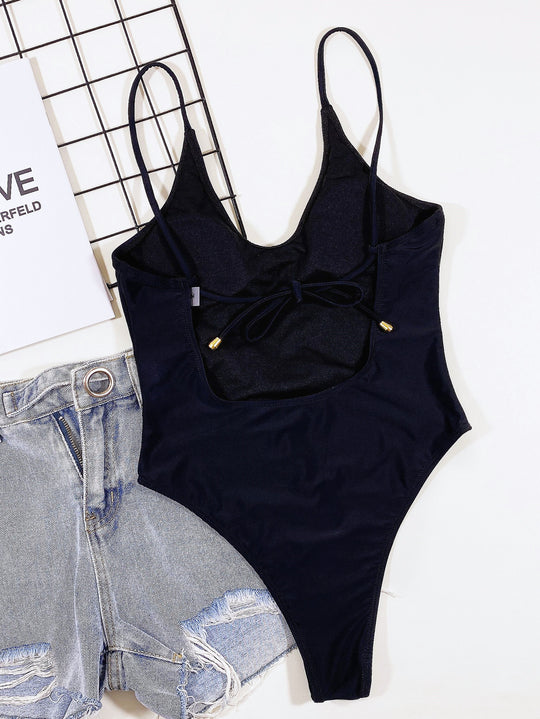 Damen Hochgeschnittener Cut-Out Badeanzug mit Bindebändern EB