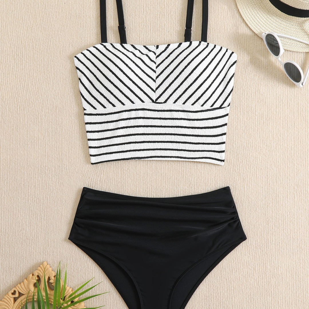 Damen Bikini-Set mit gestreiftem Oberteil und hoch taillierter Hose EB