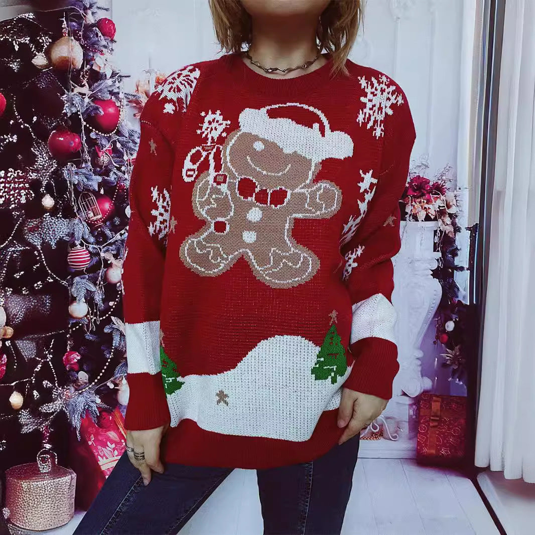 Damen Weihnachts-Pullover mit gingerbread-Motiv und Rundhalsausschnitt EB